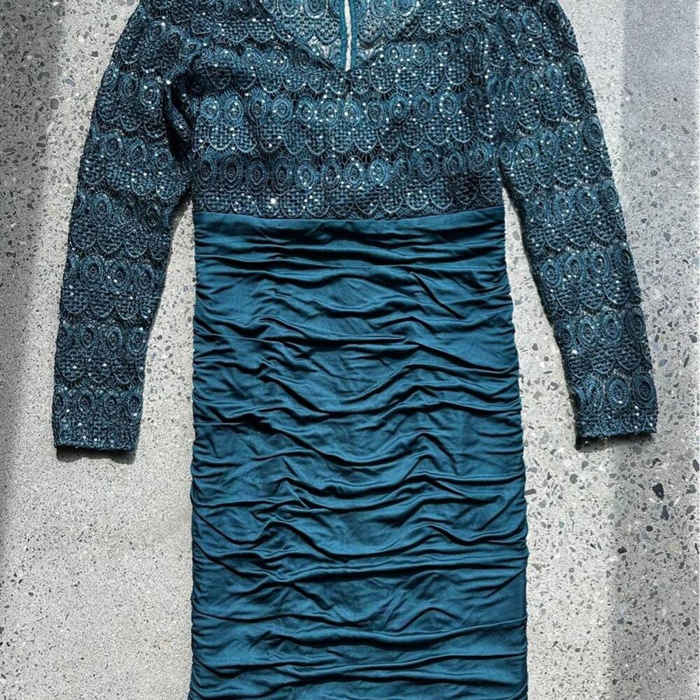 Kay Unger Women 4 Teal Lace Sequin Cocktail Dress Ruched Sheath Elegant Evening